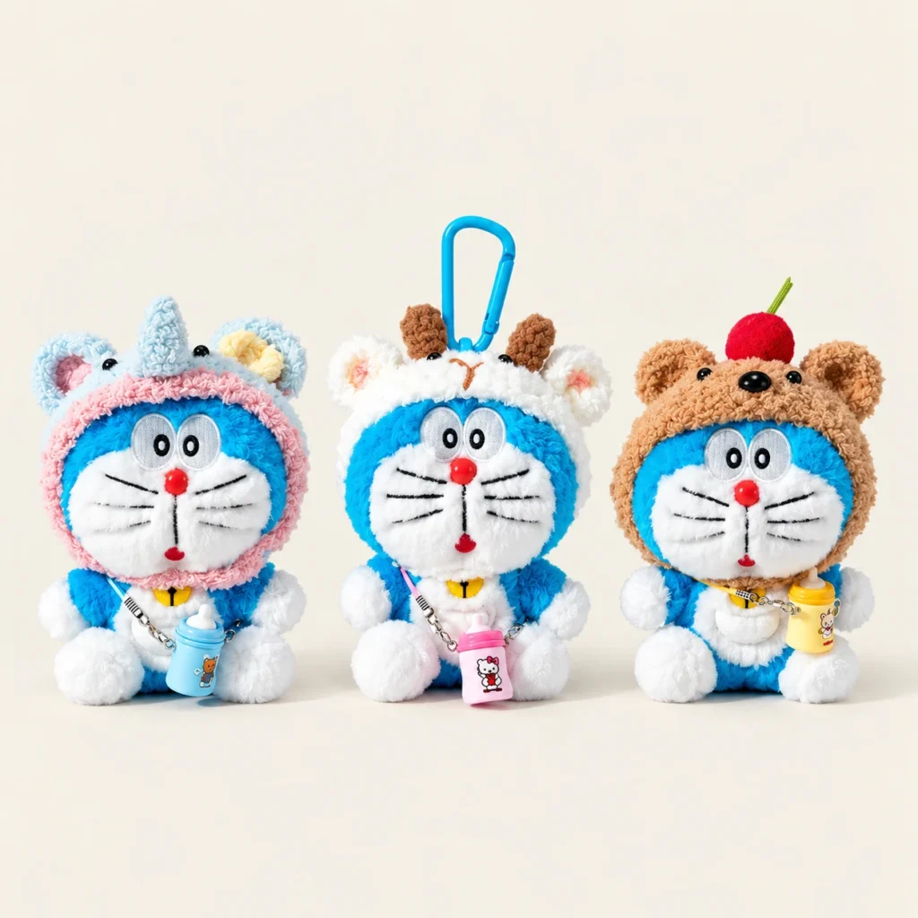 Doraemon Crochet Plush Bag Charm on a simple low-saturation background