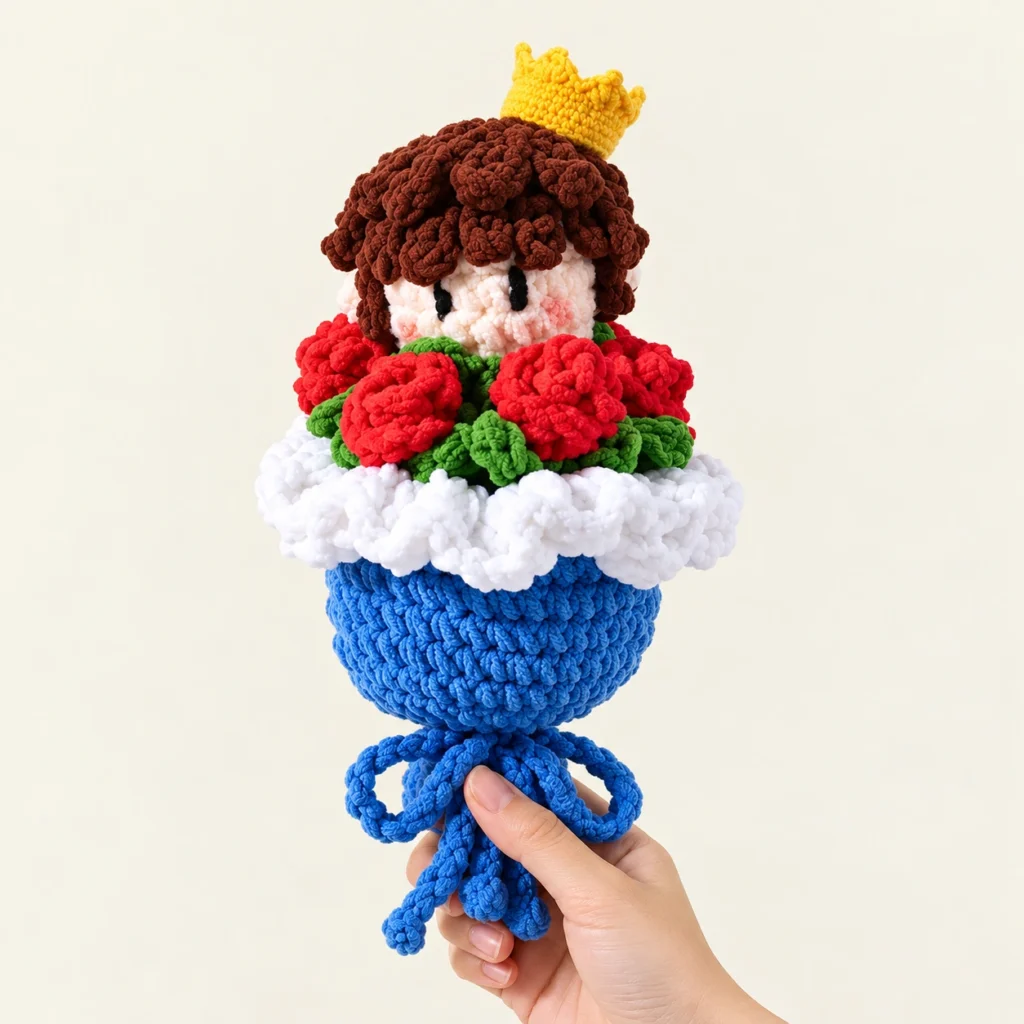 Crowned Doll and Rose Crochet Bouquet on a simple low-saturation background