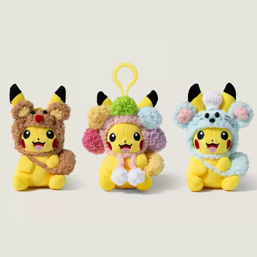 Pikachu Crochet Plush Bag Charm on a simple low-saturation background
