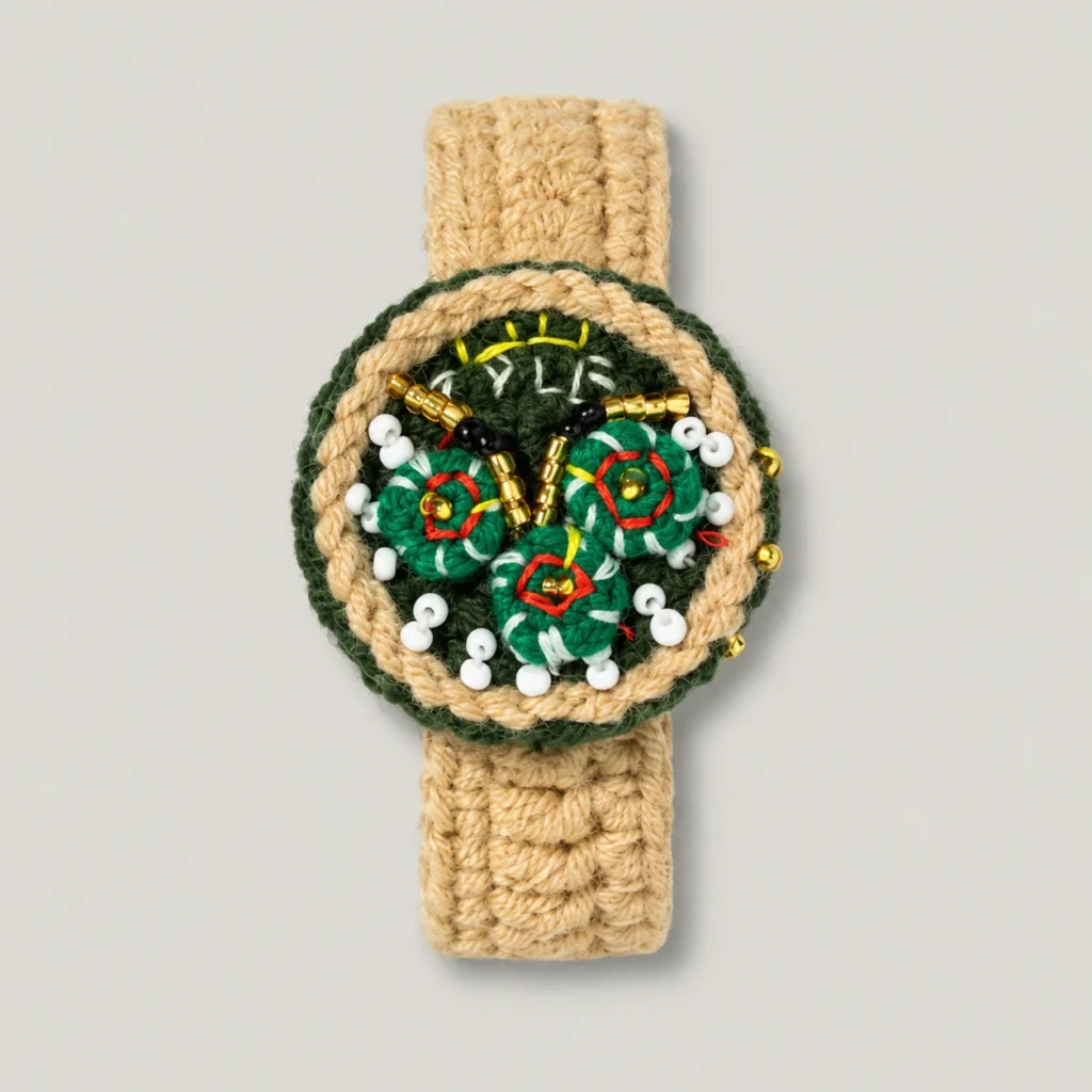 Crochet Watch Bracelet on a simple low-saturation background