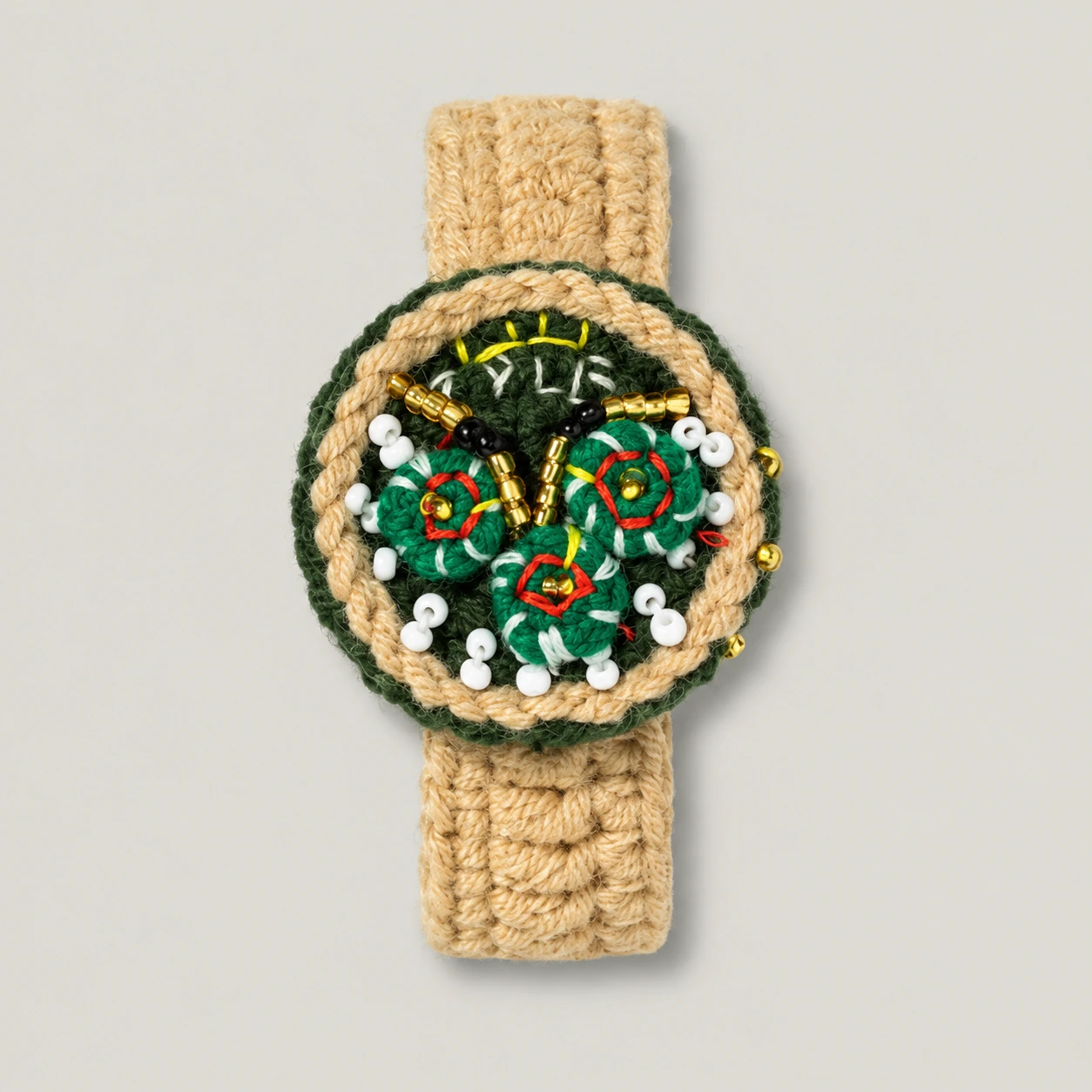 Crochet Watch Bracelet on a simple low-saturation background
