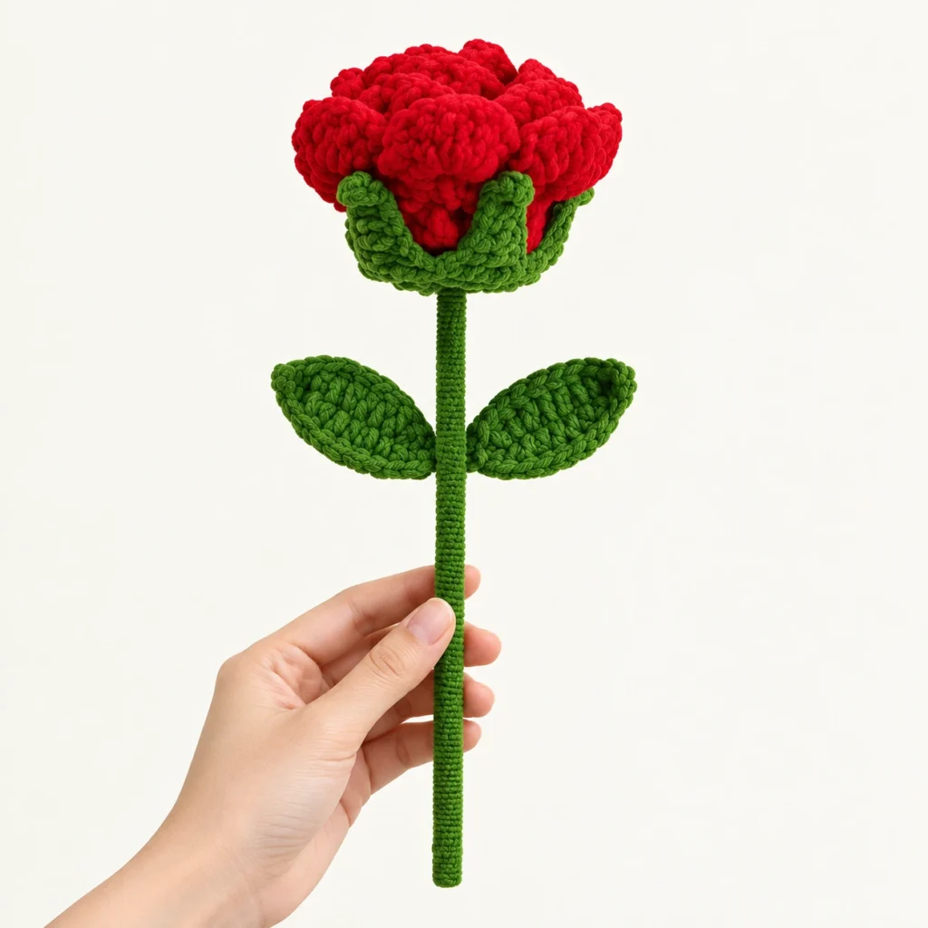 Oversized Crochet Rose Stem on a simple low-saturation background