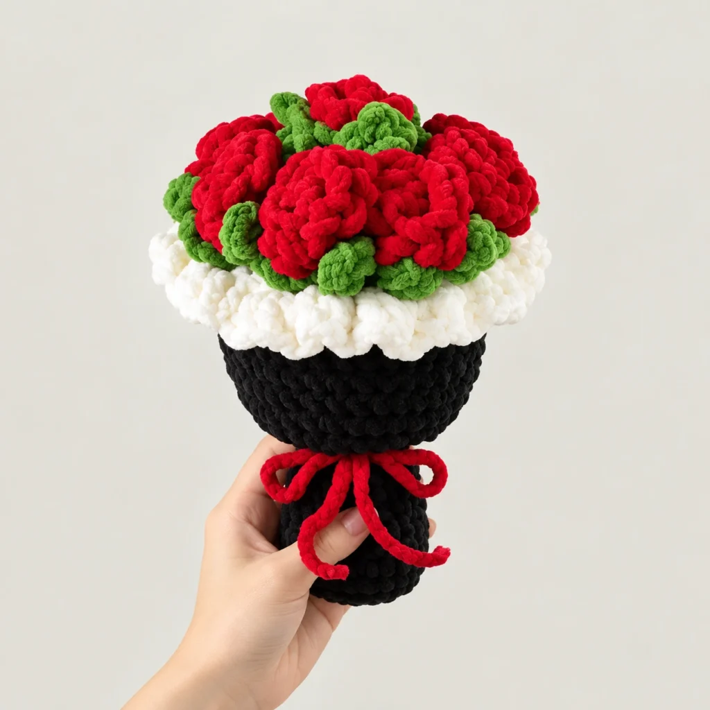 Large Crochet Rose Bouquet on a simple low-saturation background