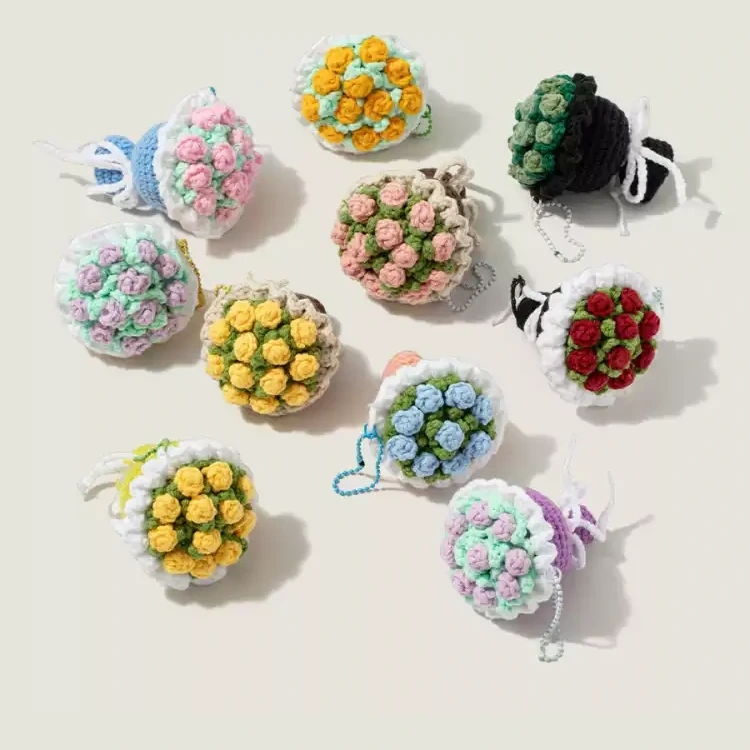 Mini Crochet Rose Bouquet Keyring on a simple low-saturation background