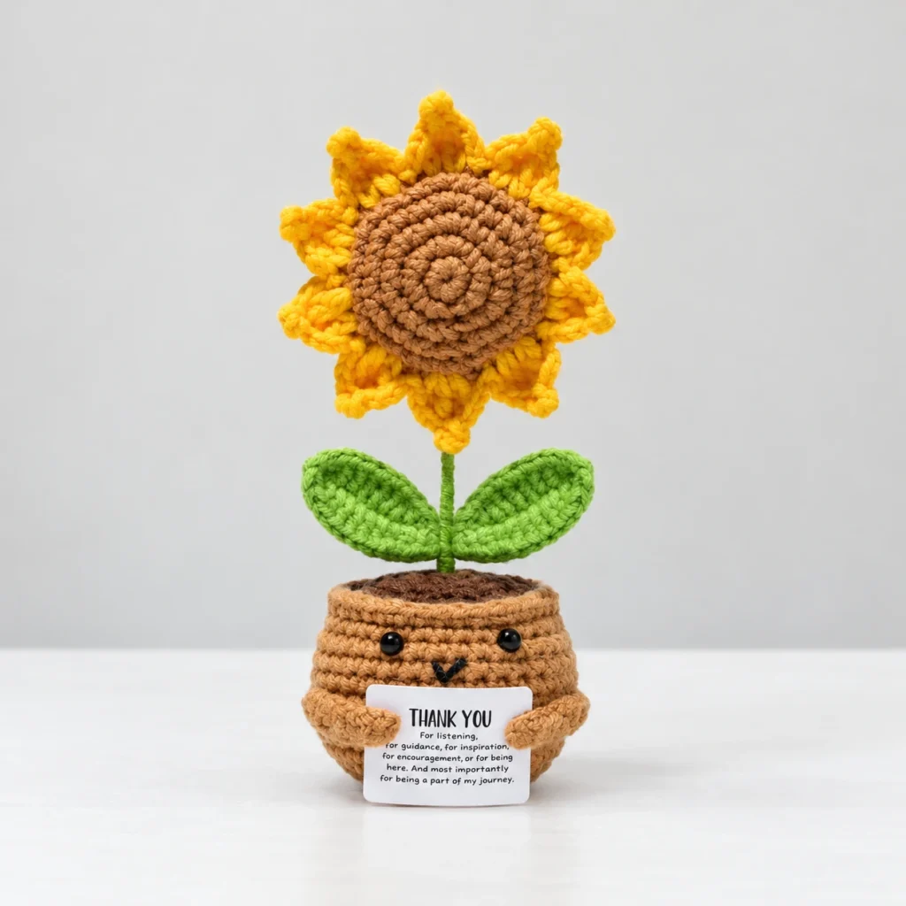 Crochet Flower Potted Decoration on a simple low-saturation background