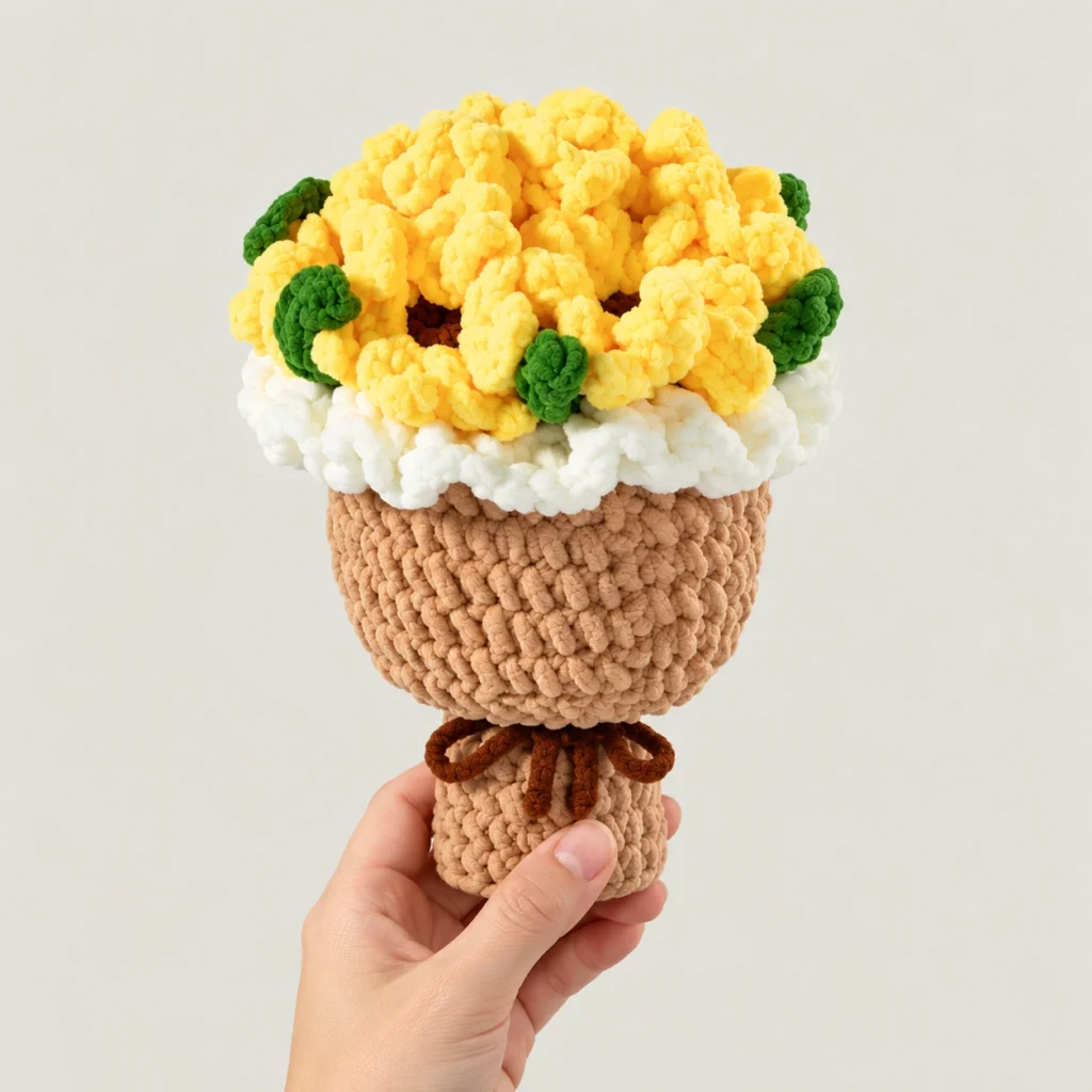 Crochet Sunflower Bouquet on a simple low-saturation background