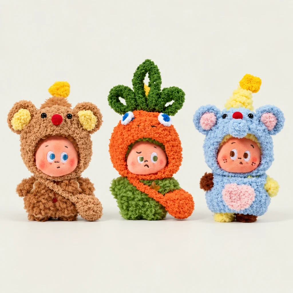 Crochet Doll Outfits and Mini Bags on a simple low-saturation background