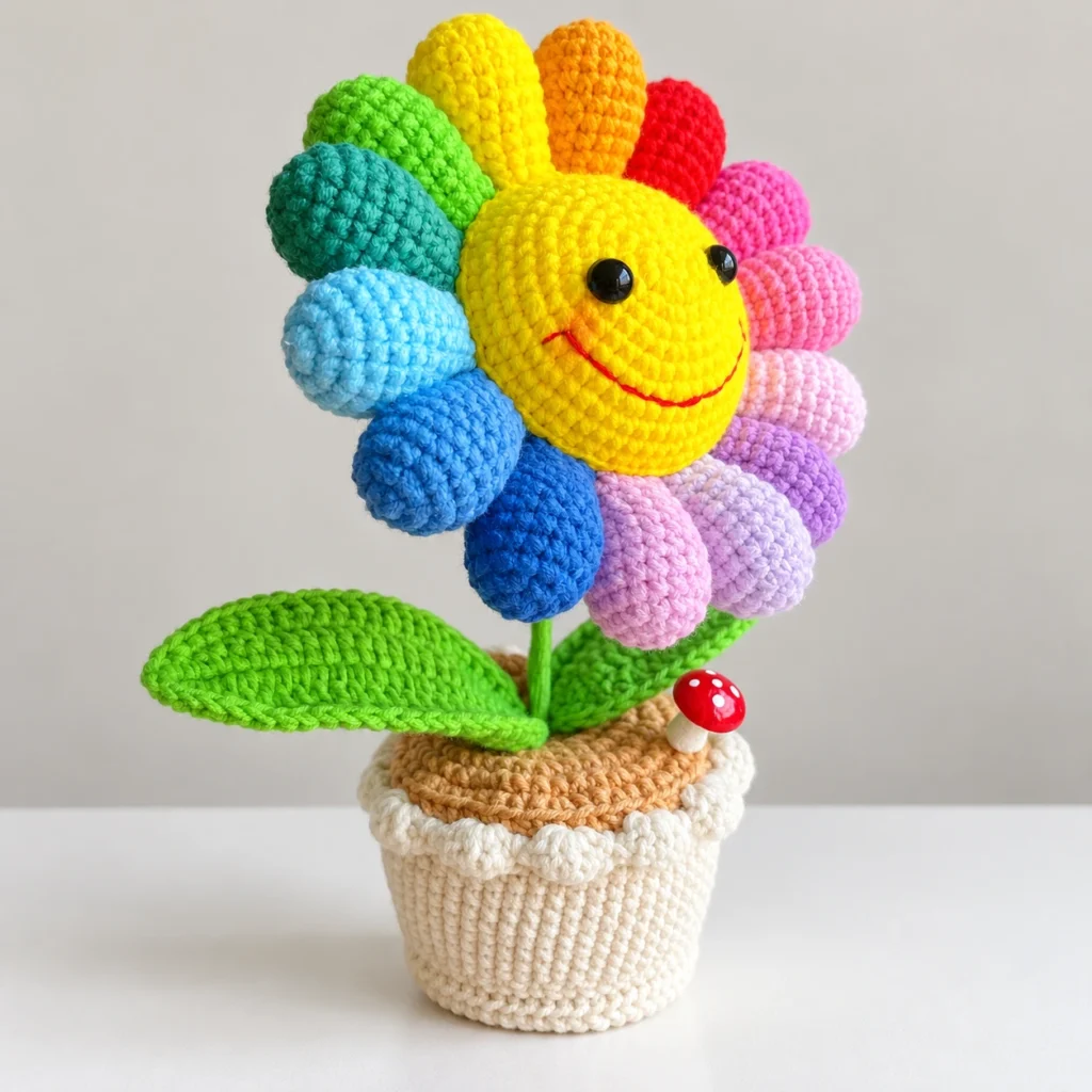 Rainbow Sunflower Potted Crochet Plant - photo 1
