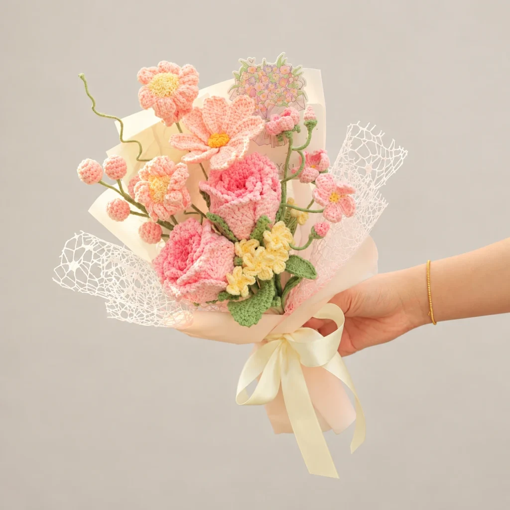 Pink Rose and Cosmos Crochet Bouquet - photo 1
