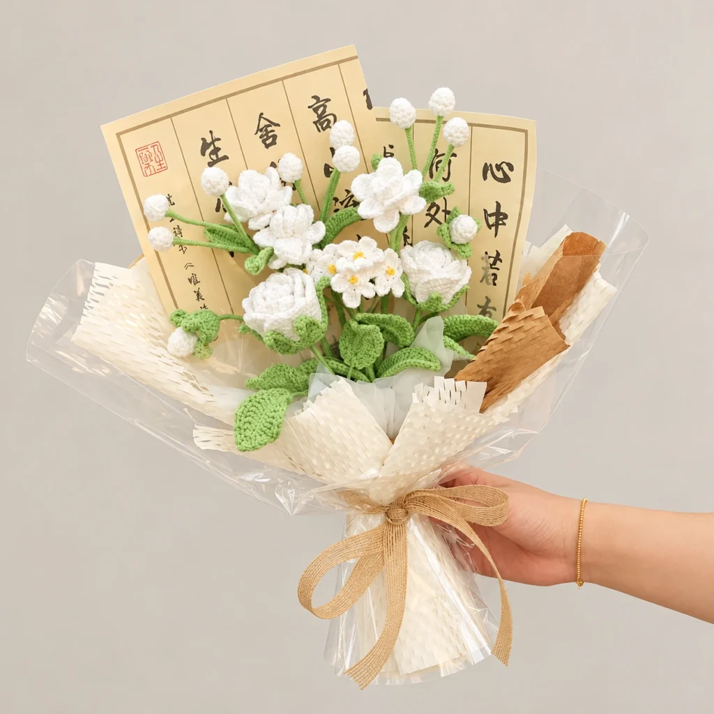 White Crochet Flower Bouquet with Calligraphy Wrap - photo 1