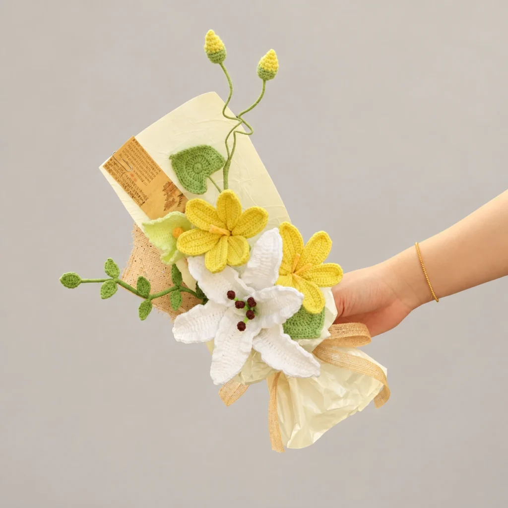 Yellow Cosmos and White Lily Crochet Bouquet - photo 1
