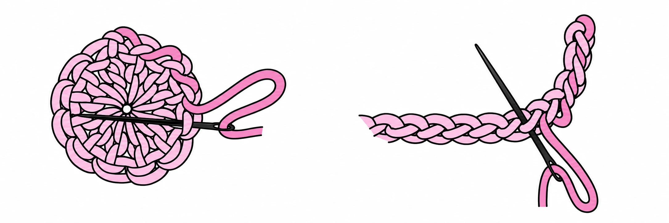 The reference shows tail placement on a motif and a chain. With a tapestry needle, hide the tail along a suitable stitch path and check both faces.