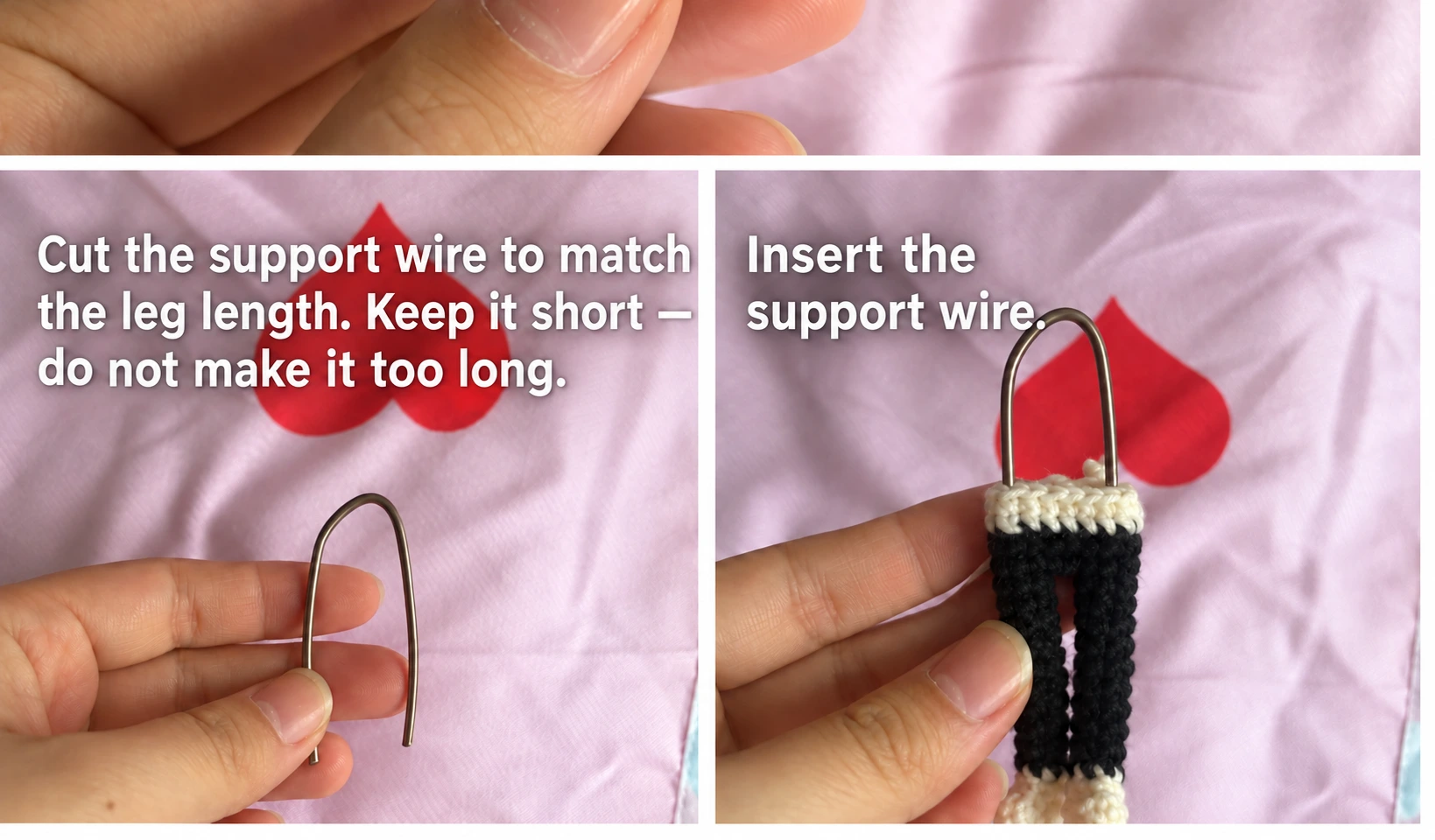 The source checks the support against the leg length and then positions it inside the body. It provides no universal wire gauge or cut length.