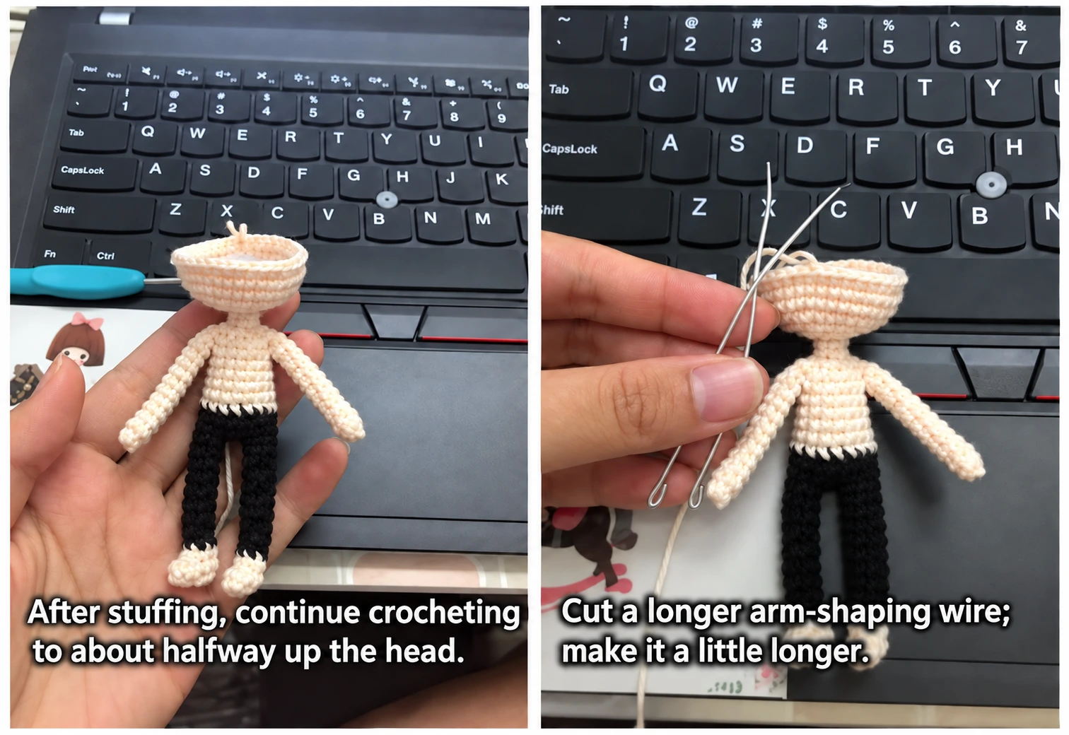 The source pauses with the head partly open, then measures the arm support against the actual doll.