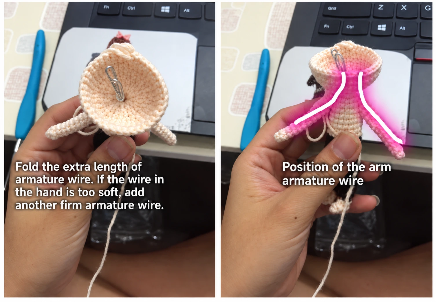 View through the open head: the highlighted path shows the support running into the arms. Follow the doll pattern for the exact route.