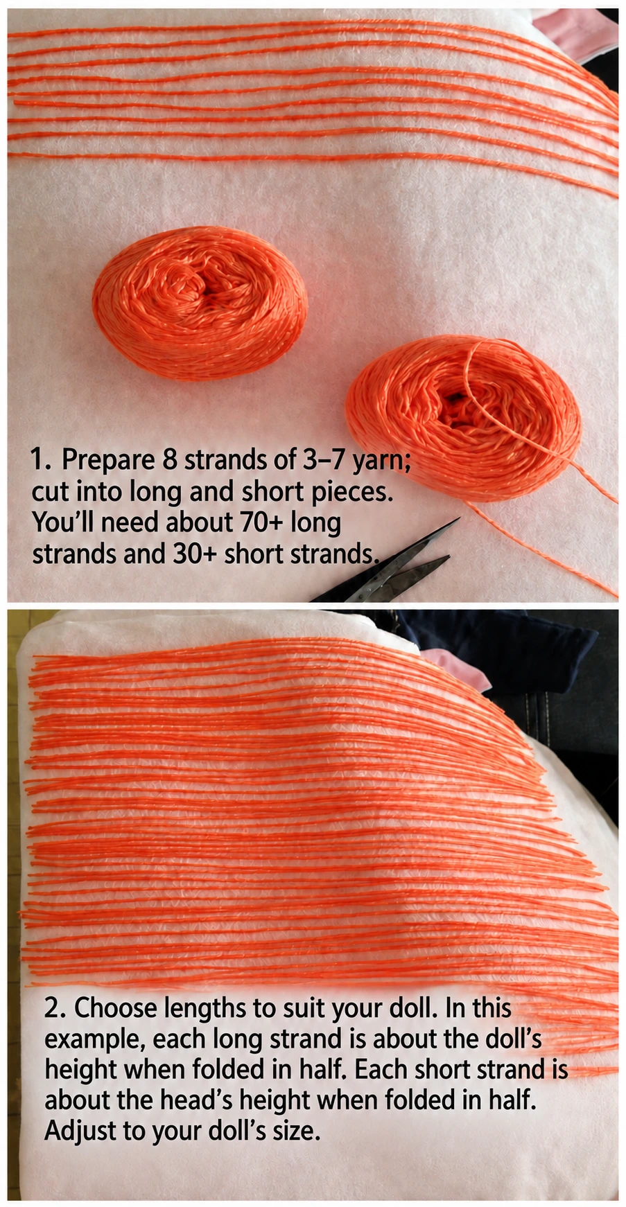 Prepare long strands and shorter fringe strands. Fold a sample to check the finished length before cutting the rest.
