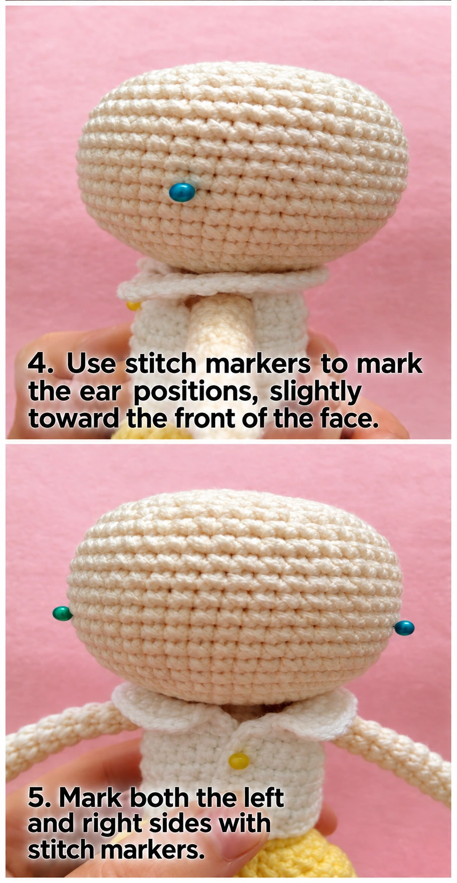 Place removable markers on both sides to establish the ears and hairline. Compare the two sides before attaching hair.