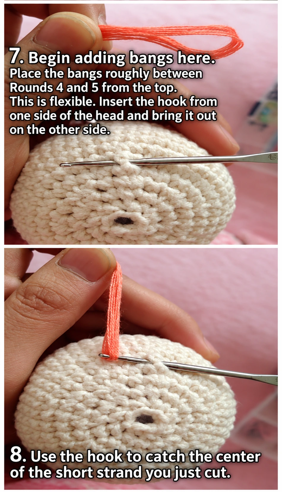 Insert the hook beneath a secure surface stitch, catch the midpoint of a folded strand and draw a loop through.