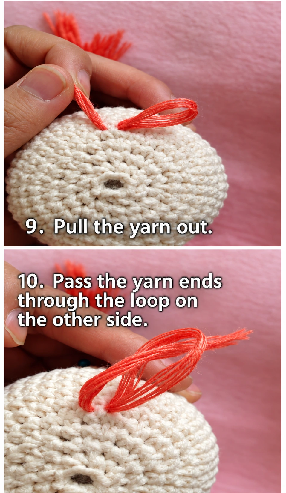 Pass both loose tails through the drawn-up loop. Tighten gently against the surface stitch to form the attachment.