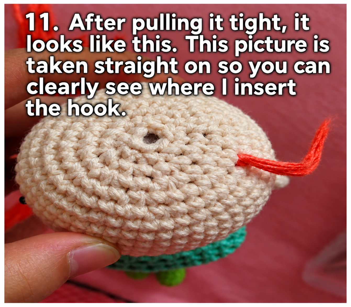 The secured strand should sit against the crocheted surface without stretching the stitch. Check the attachment before repeating it.