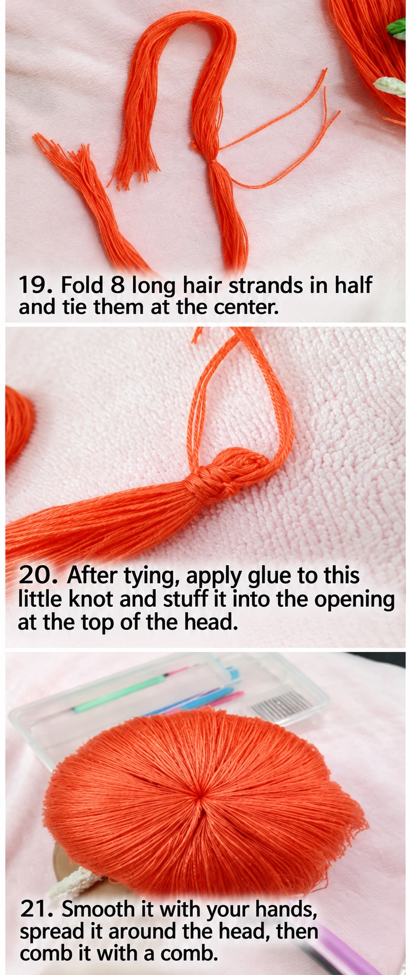 The source uses an open crown and a tied bundle to fill it. These are the source-specific finishing steps described below, not a method for every doll head.