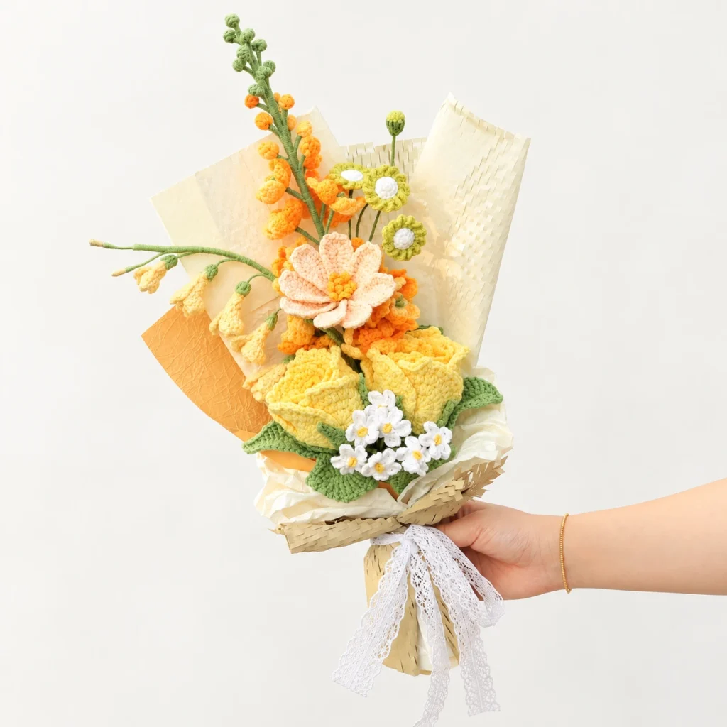 Yellow Rose and Delphinium Crochet Bouquet - photo 1